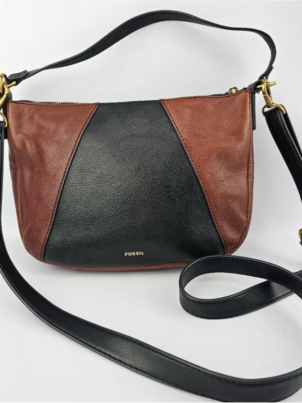 Fossil Black and Brown Leather Two-Tone Crossbody Bag